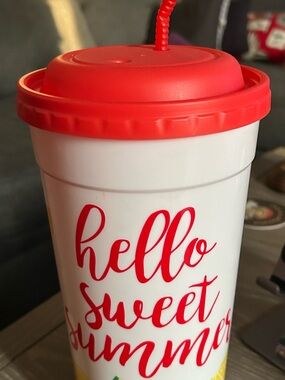 White and Red Hello Sweet Summer Travel Cup with Red Lid